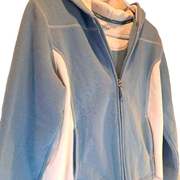 Pacer Women's Fleece Jacket Blue White Full Zip Front Hooded Pockets Petites PM - Picture 2 of 7